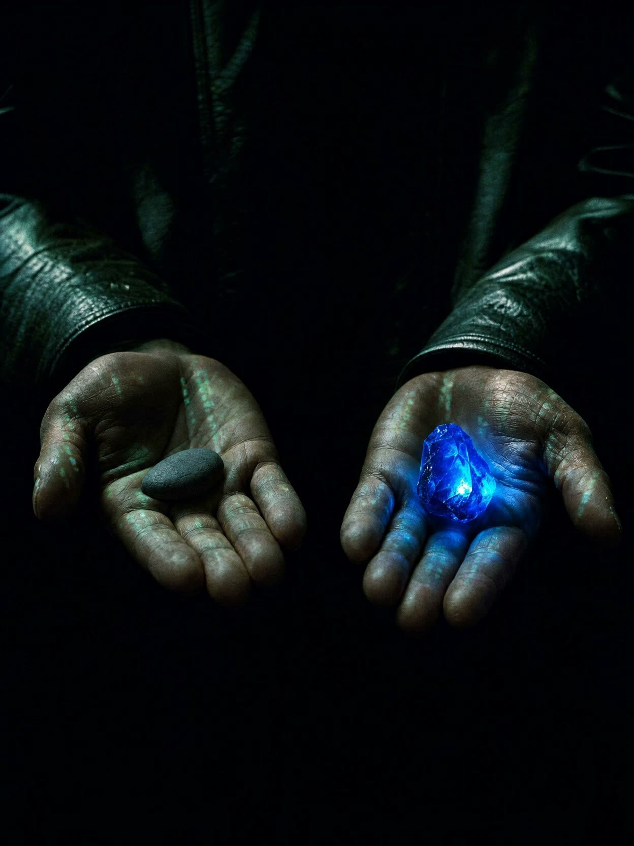Dos manos abiertas en la oscuridad: una sostiene una piedra gris, la otra una piedra azul que brilla.